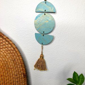 Hand Crafted Boho Turquoise and Gold Marbled Clay Wall Art hanging with Tassel